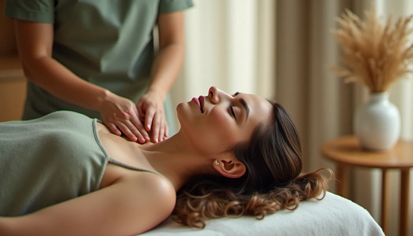 Femme détendue sur une table de massage dans un cabinet apaisant, mains du praticien sur les épaules, ambiance chaleureuse à Clermont-Ferrand