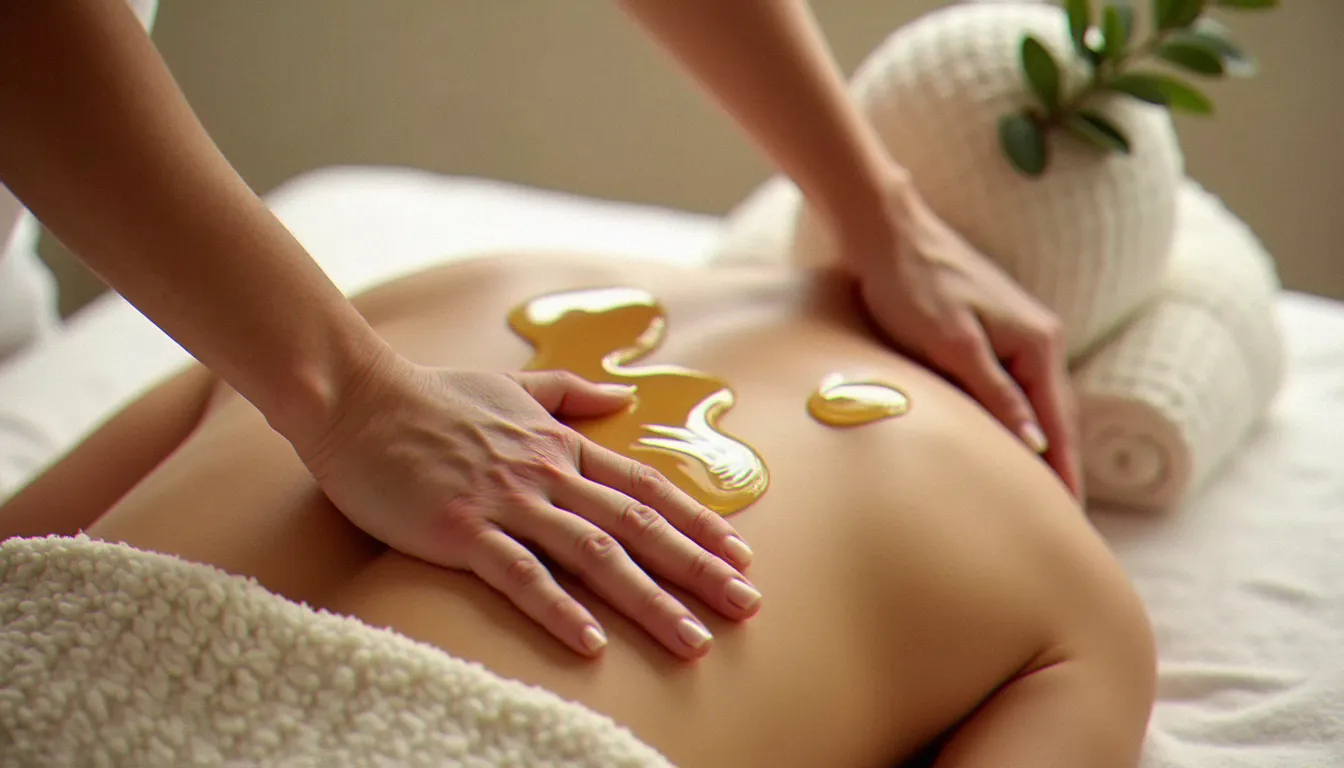 Mains enduites d'huile effectuant des mouvements circulaires sur les trapèzes d'une personne allongée sur une table de massage