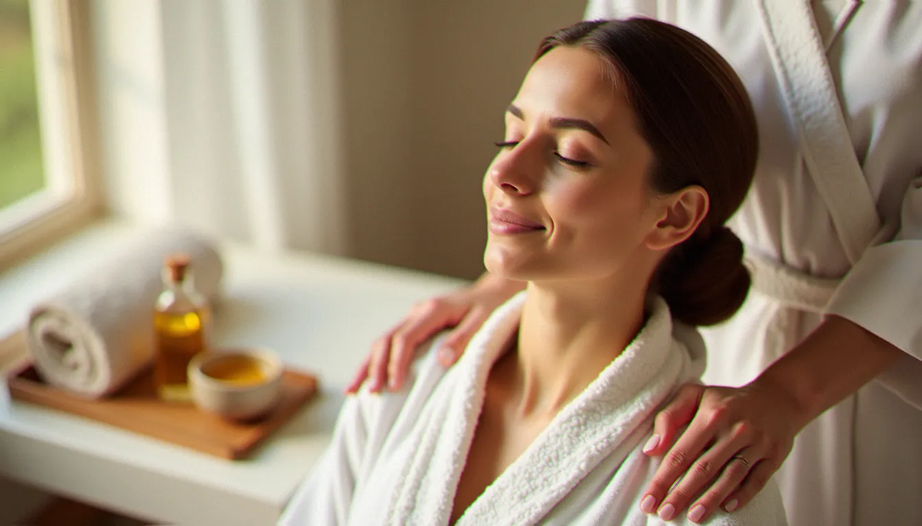 Praticienne effectuant un massage doux des épaules d'une femme détendue, huile de massage dans un bol en céramique à proximité