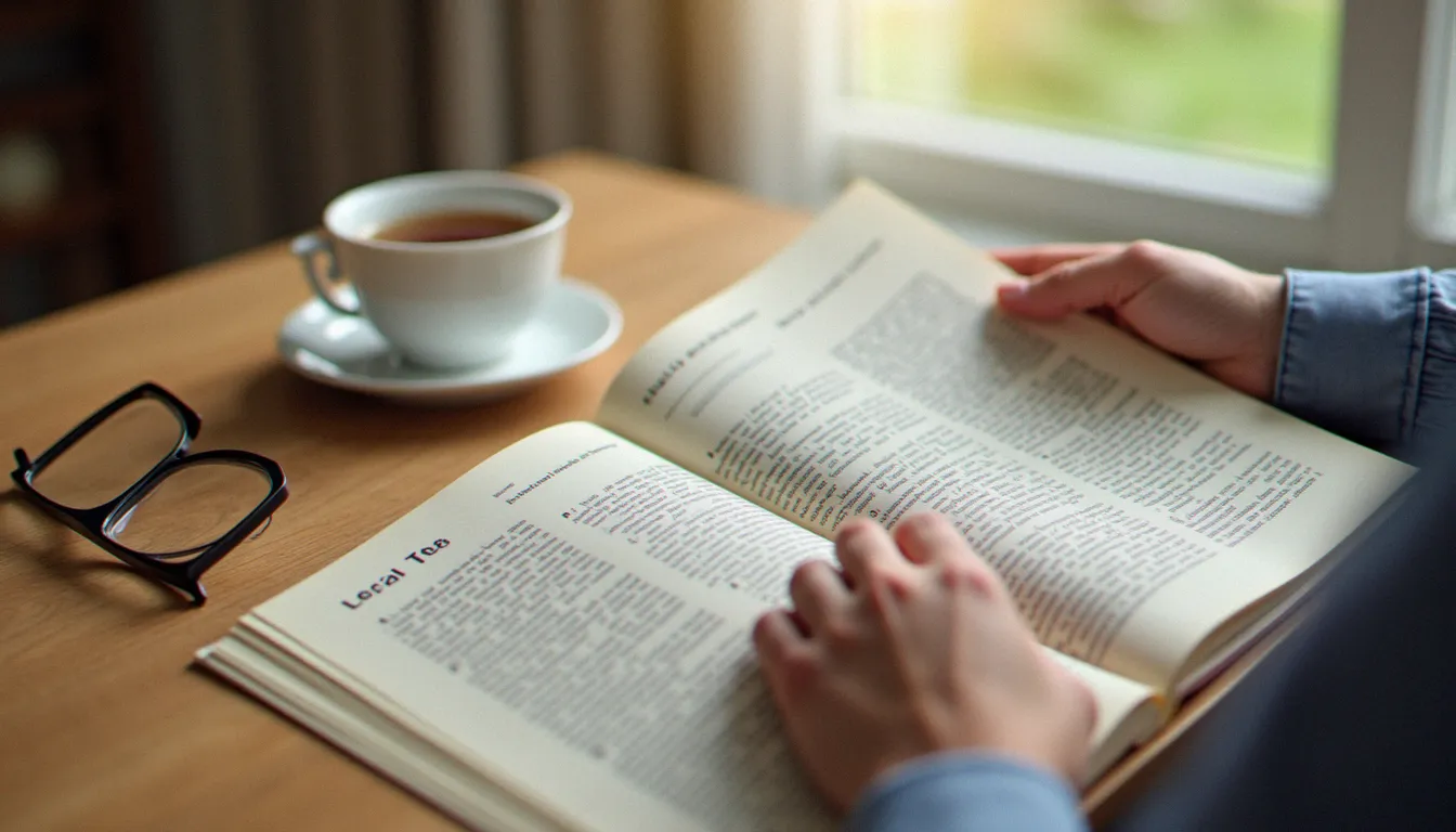 Mains feuilletant un recueil de textes de loi à côté d'une tasse de tisane, pour comprendre ce que dit la loi sur le massage