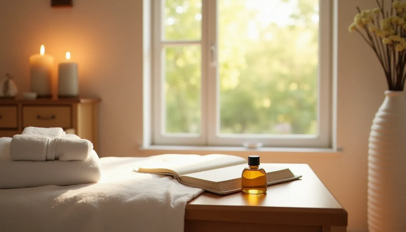 Cabinet de massage apaisant avec table, serviettes blanches et lumière douce, illustrant le cadre du code de la santé publique