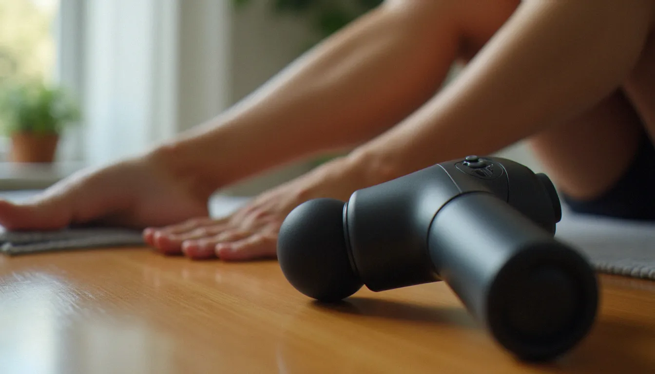 Mollet présentant un léger hématome à côté d'un pistolet de massage posé sur une table en bois