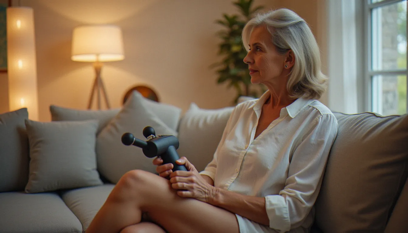 Femme assise sur un canapé tenant un massage gun près de sa cuisse, illustrant le danger massage gun et la prudence à adopter