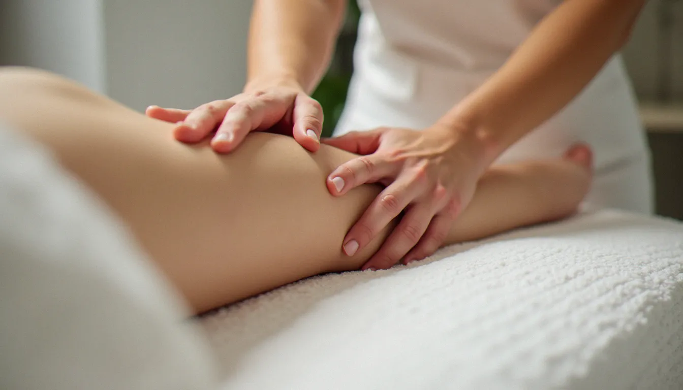 Mains de praticienne effectuant un massage lymphatique doux sur le bras d'une cliente