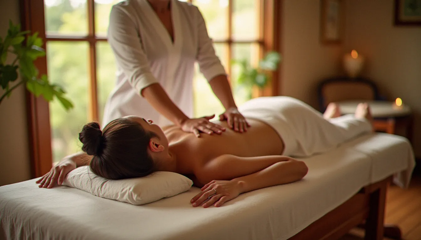 Praticienne effectuant un étirement doux lors d'une séance de massage thaï en cabinet