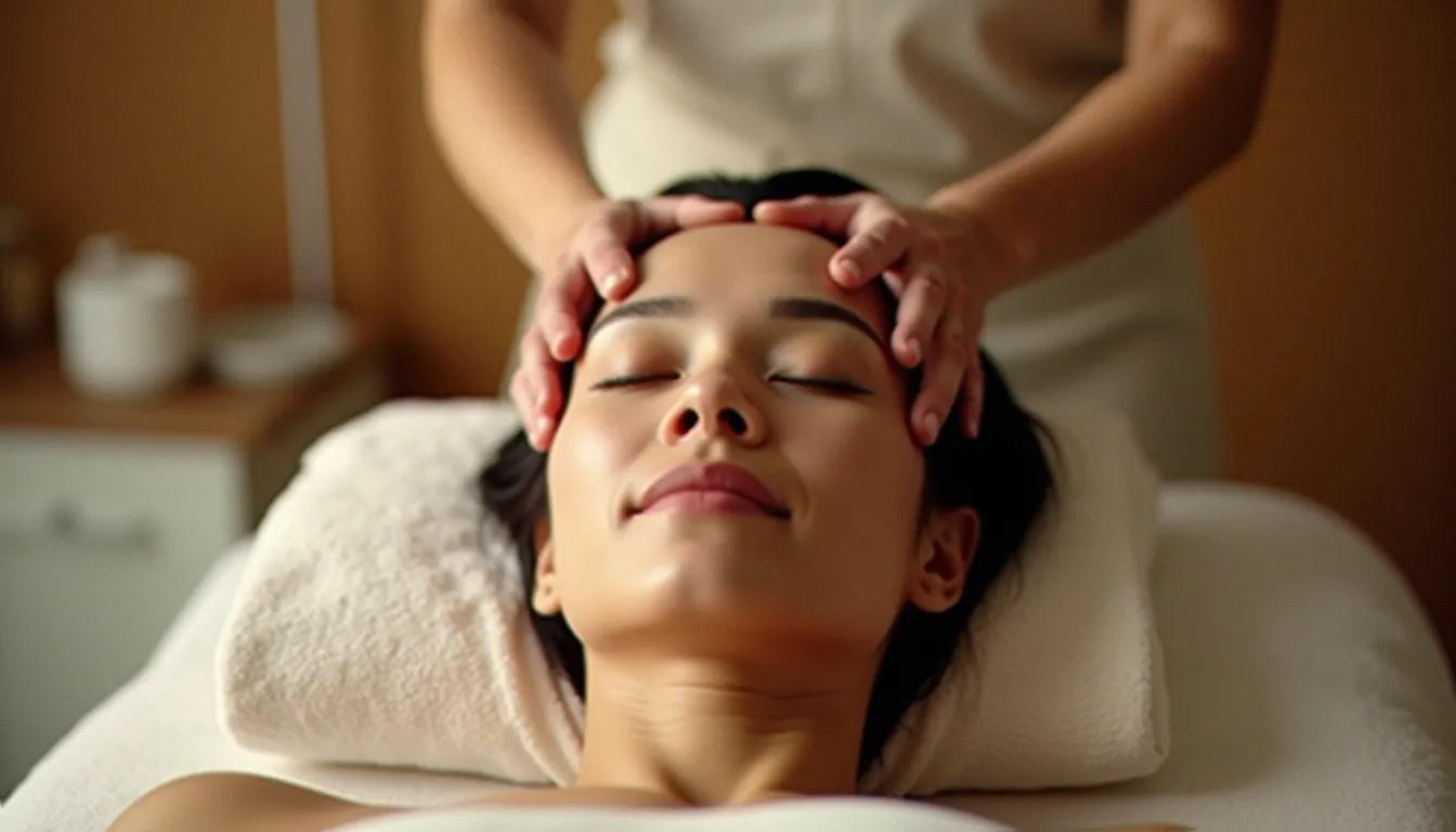 Technique de massage kobido sur le front et les tempes