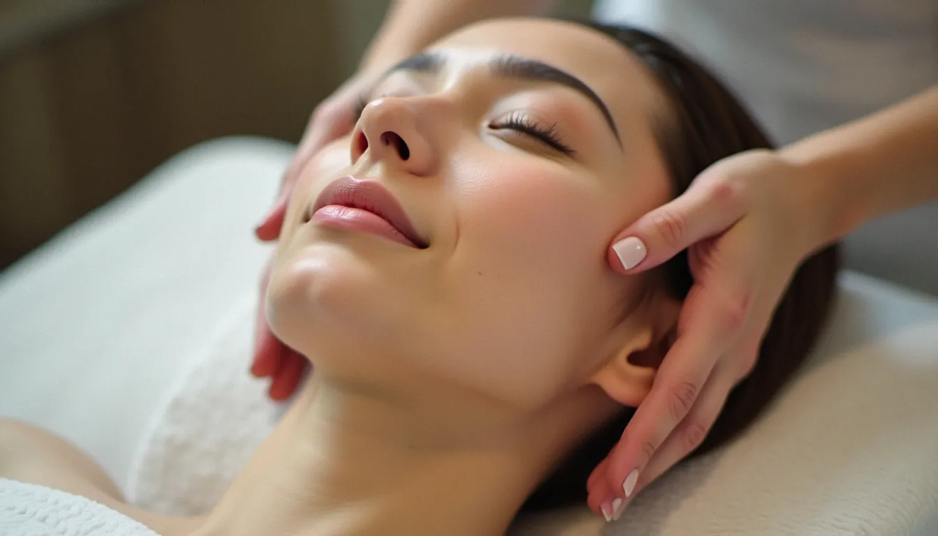 Praticienne réalisant un effet massage kobido sur le visage d'une cliente